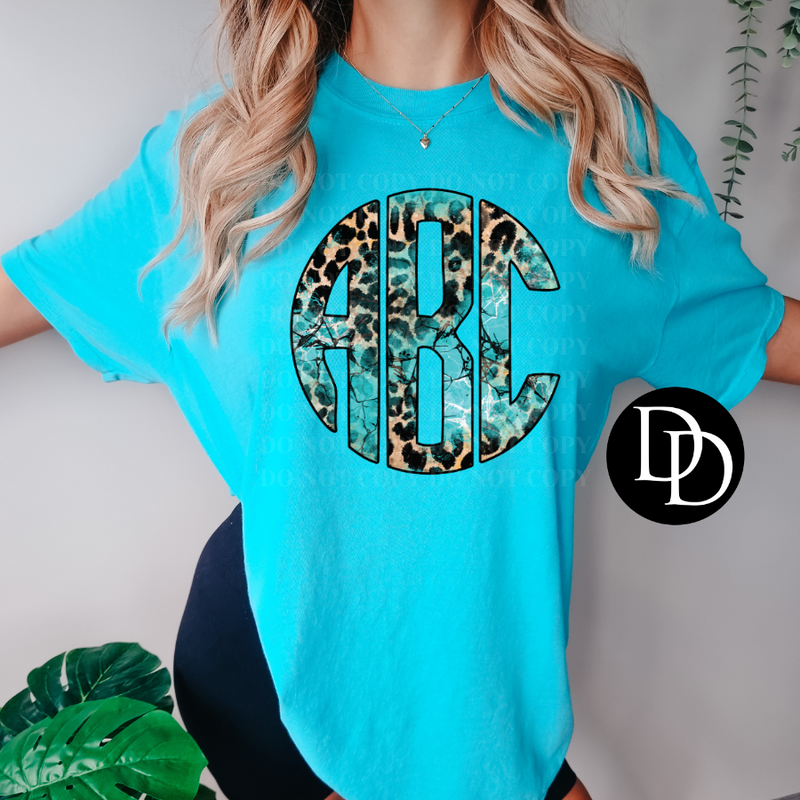 Customizable Turquoise & Leopard Monogram  *DTF Transfer*