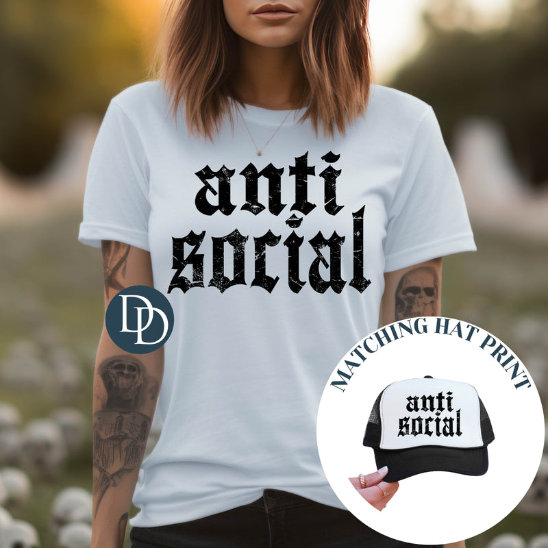 Anti Social Distressed Old English with Hat Print *DTF Transfer*