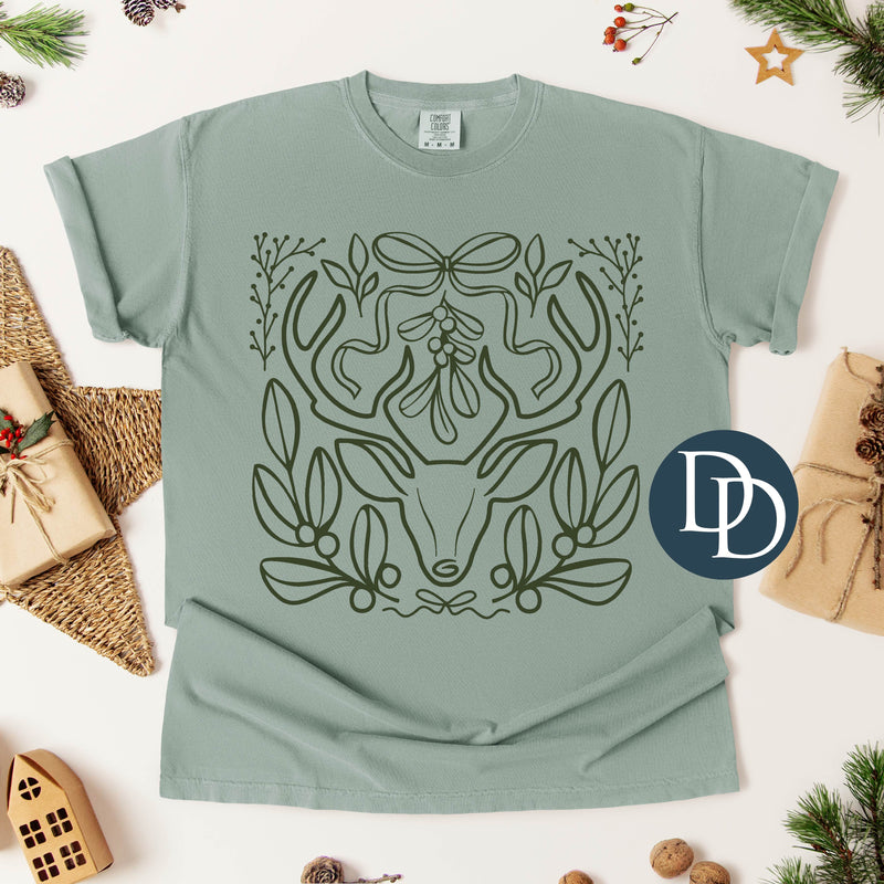 Boho Christmas Foliage Deer (Hunter Green Ink) *Screen Print Transfer*