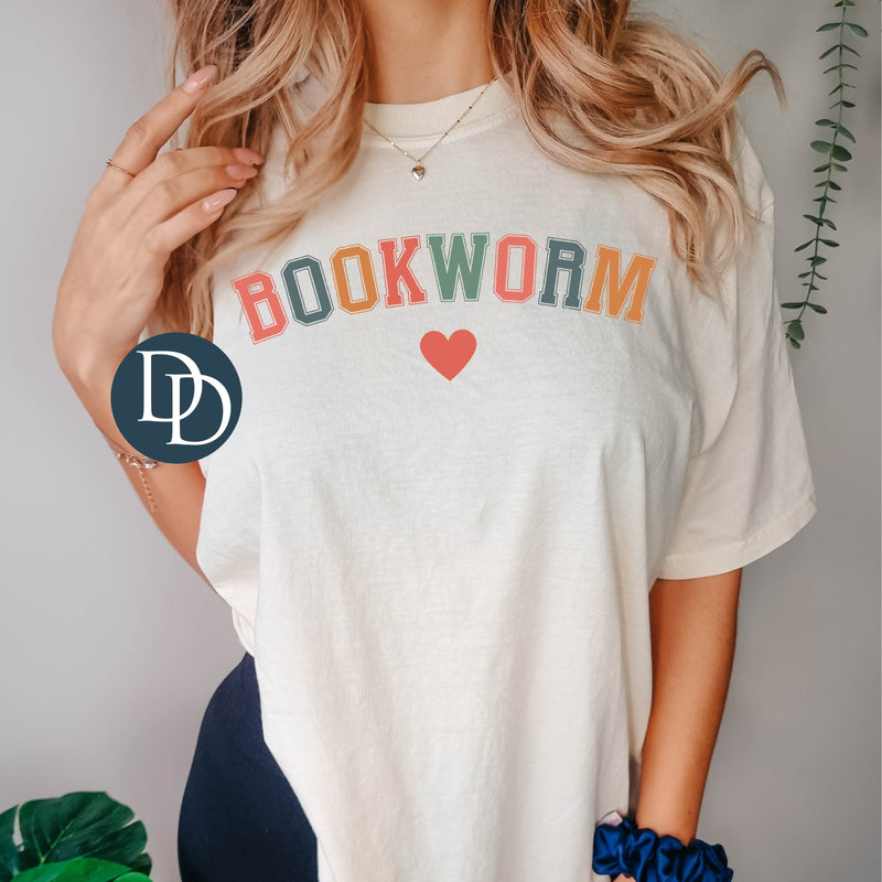 Bookworm Multi Colored Curved Heart *DTF Transfer*