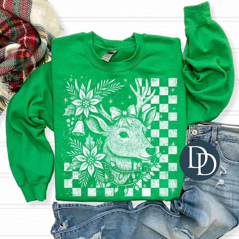 Checkered Christmas Poinsettia Deer *DTF Transfer*