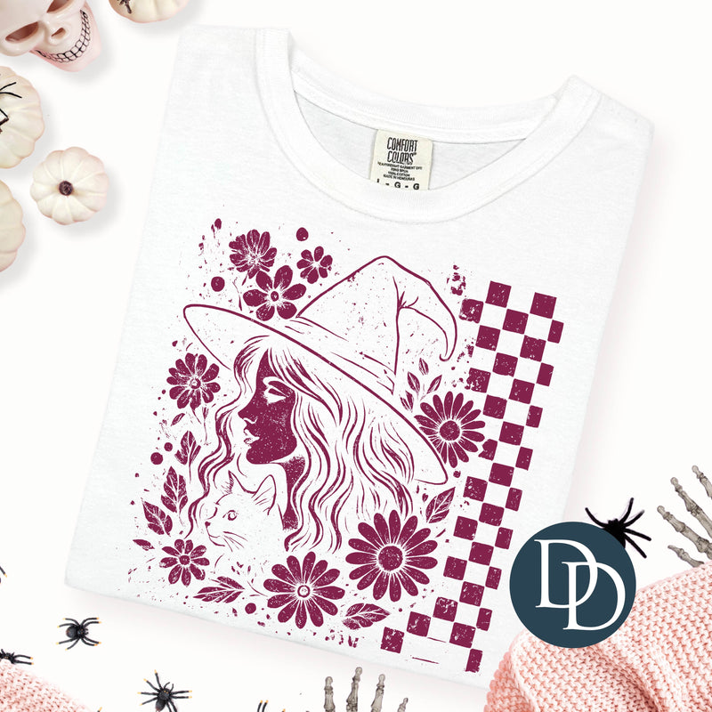 Checkered Floral Witch (Burgundy Ink) *Screen Print Transfer*