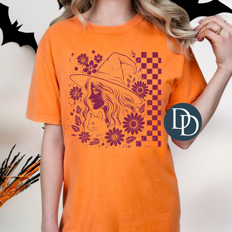Checkered Floral Witch (Burgundy Ink) *Screen Print Transfer*