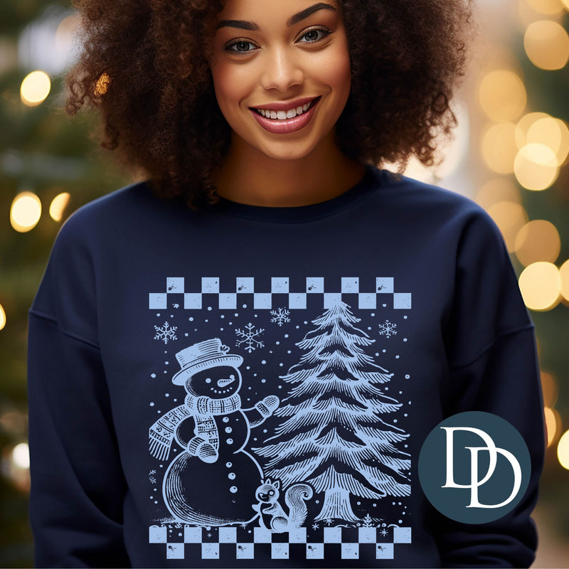 Checkered Snowman Winter Tree (Light Blue Ink) *Screen Print Transfer*