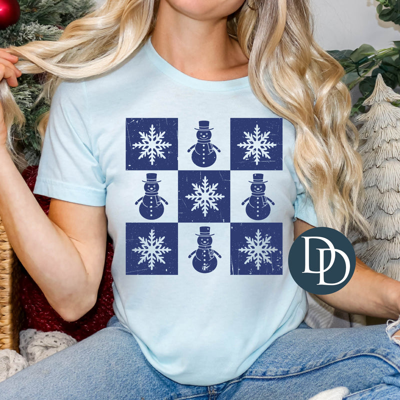 Checkered Snowmen And Snowflakes (Navy Ink) *Screen Print Transfer*