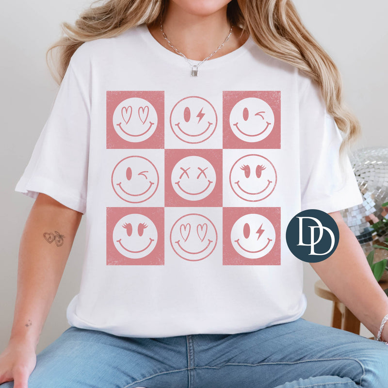 OVERSIZED Checkered Variety Smile Face (Dusty Rose Ink) *Screen Print Transfer*