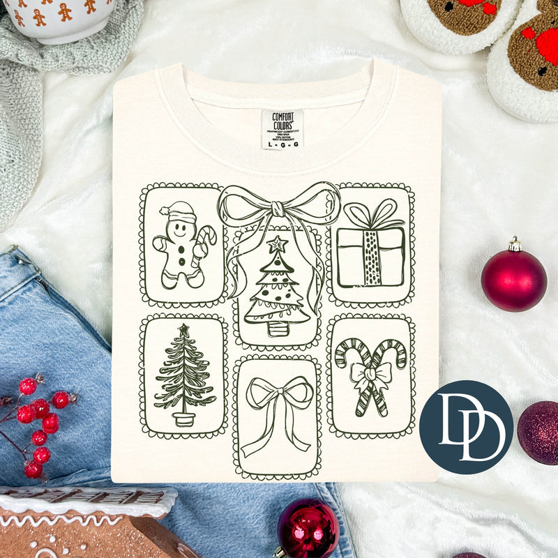 Christmas Stamp Collage And Bow (Hunter Green Ink) - NOT RESTOCKING - *Screen Print Transfer*