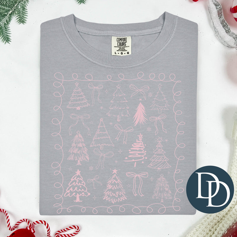 Christmas Trees And Bows Doodle (Baby Pink Ink) *Screen Print Transfer*