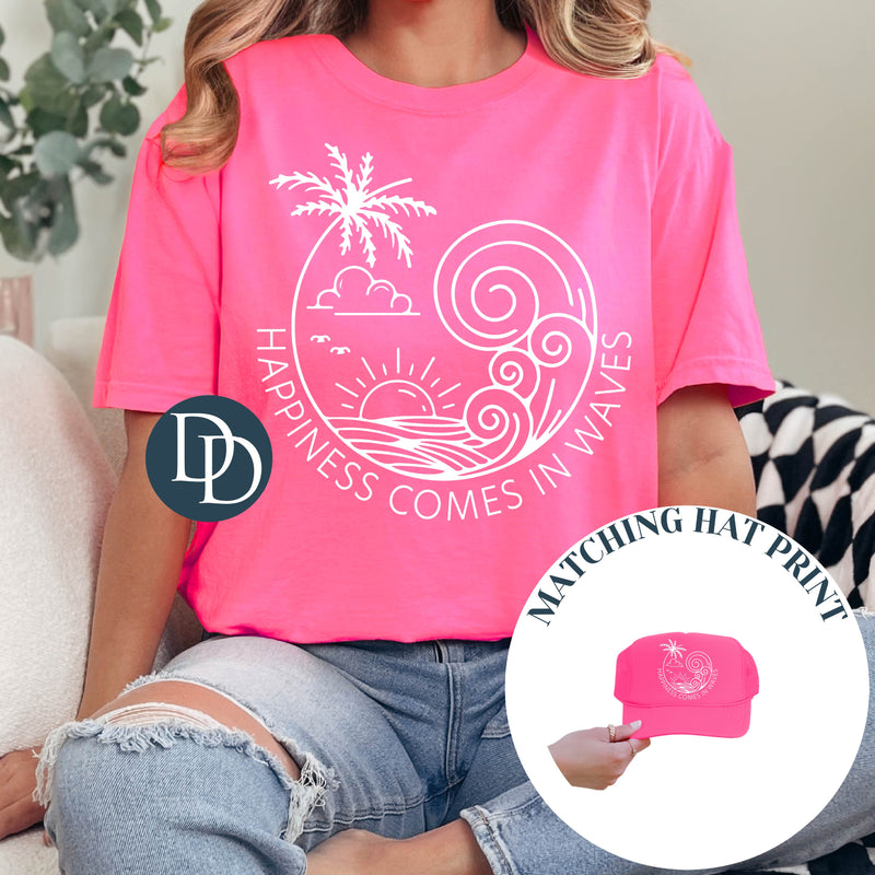 Comes in Waves Circular Palm Waves with Hat Transfer (White Ink) *Screen Print Transfer*