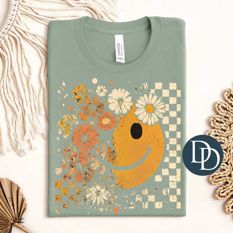 Distressed Grunge Checkered Flower Smiles *DTF Transfer*