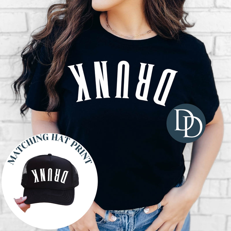 OVERSIZED Drunk Curved Upside Down with Hat Pocket Print (White Ink) - NOT RESTOCKING - *Screen Print Transfer*
