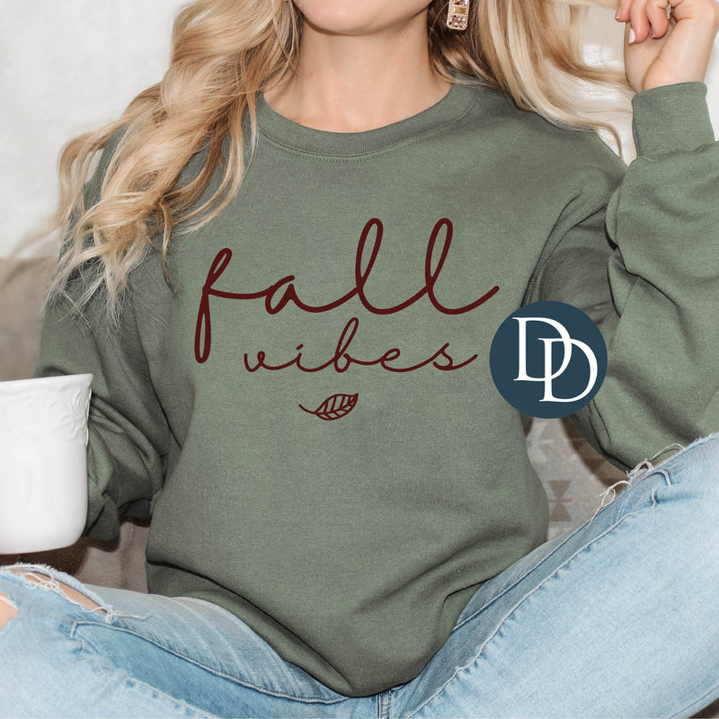 Fall Vibes Script Leaf (Maroon Ink) *Screen Print Transfer*