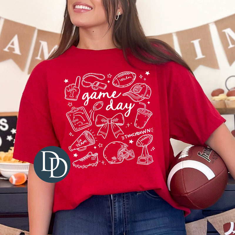 Football Game Day Hand Drawn Collage (White Ink) *Screen Print Transfer*