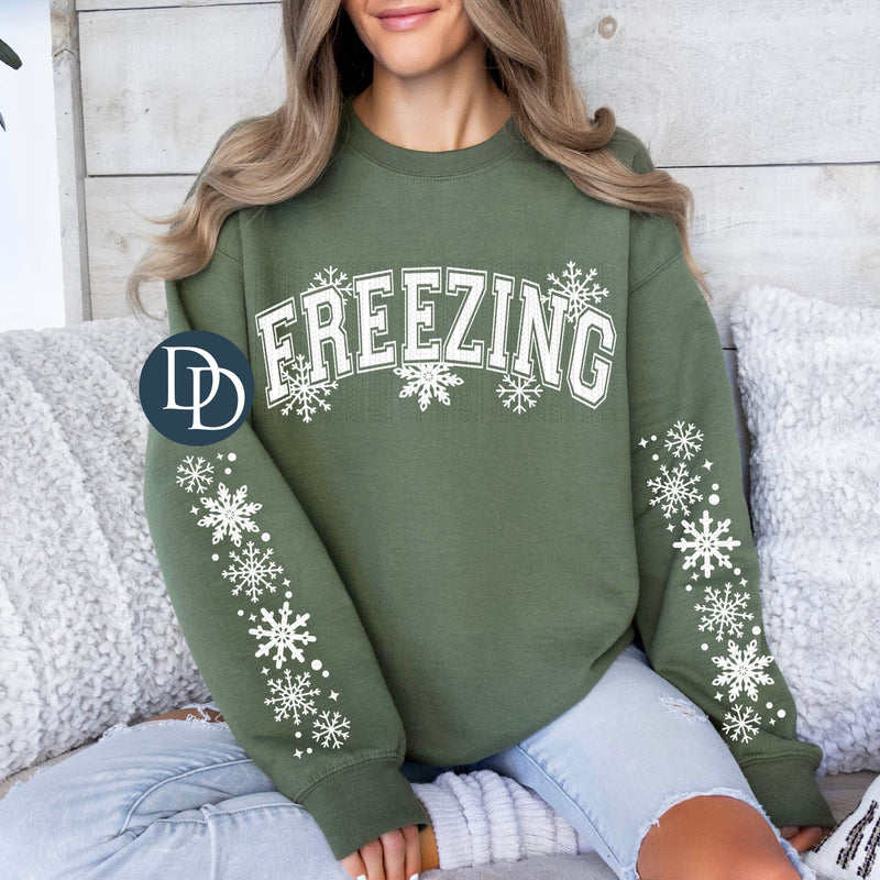 Freezing With Snowflake Sleeve Accents (White Ink) *Screen Print Transfer*