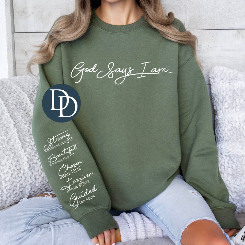 God Says I Am Scripture Affirmations With Sleeve Accent (White Ink) *Screen Print Transfer*