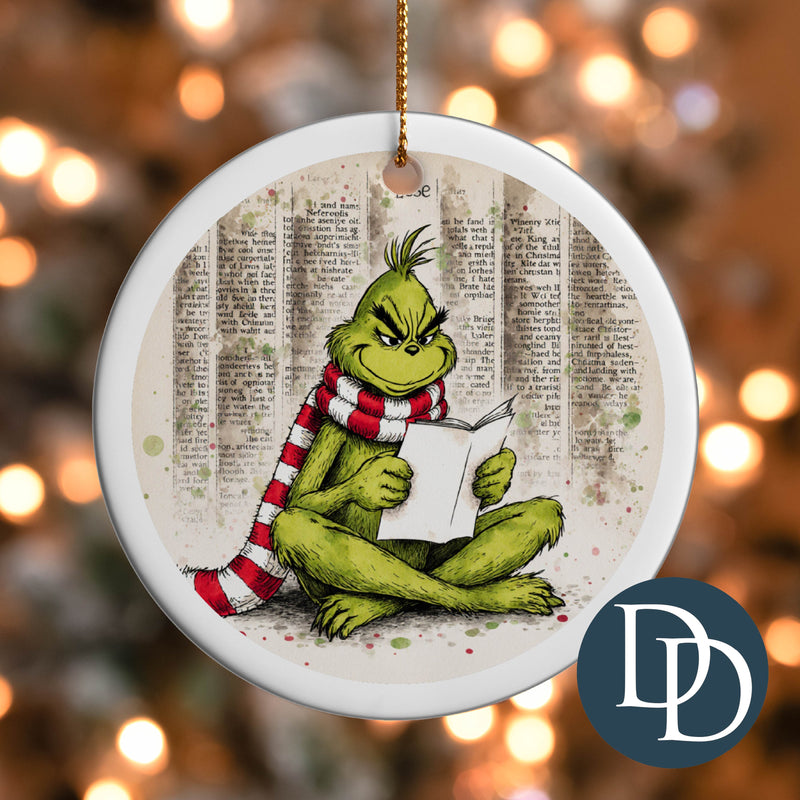 Grnch Sitting Reading Book Background *UV DTF Ornament Decal*