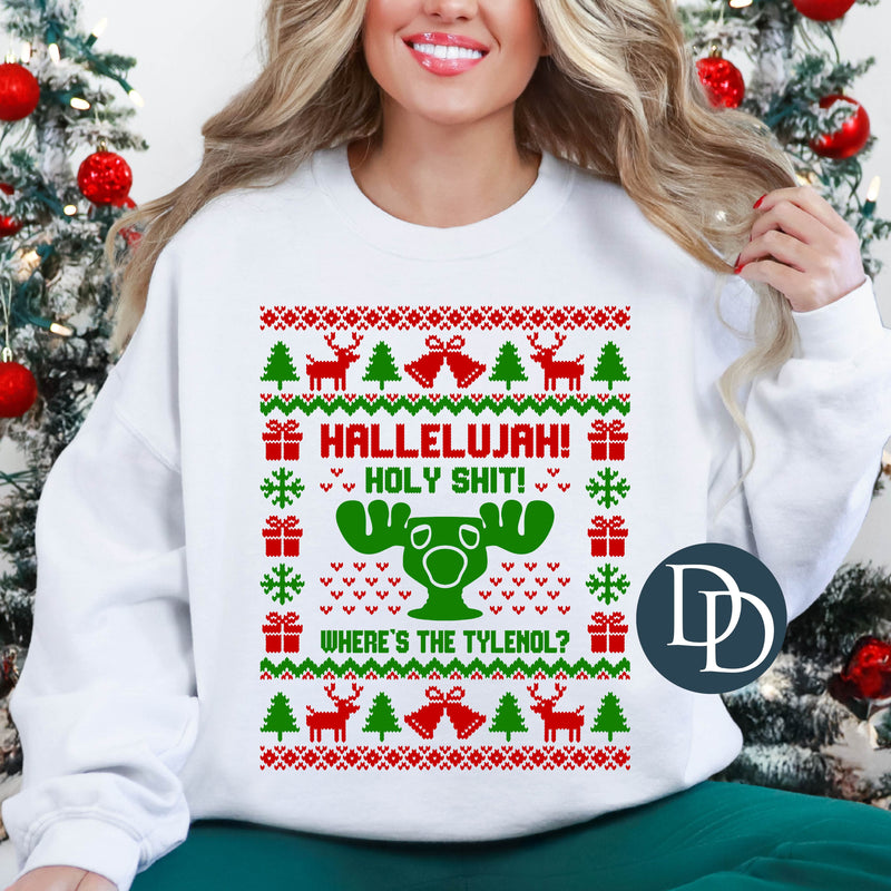OVERSIZED Hallelujah Holy Sht Ugly Christmas Sweater *DTF Transfer*