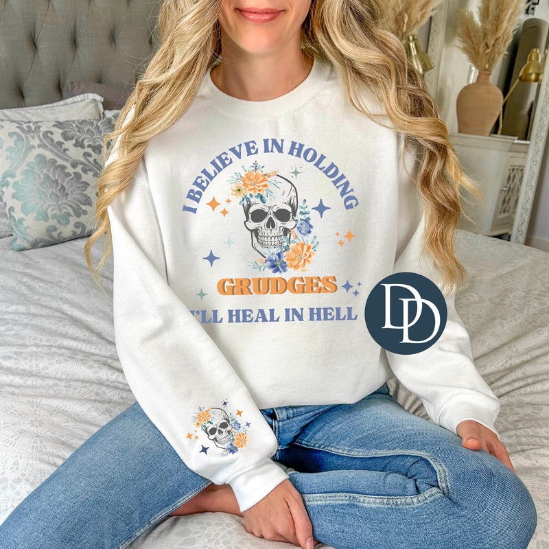 I Believe In Holding Grudges Watercolor Florals With Sleeve Accent *DTF Transfer*