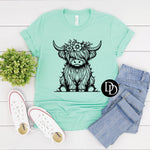 Cute Highland Cow Floral Crown (Black Ink) - NOT RESTOCKING - *Screen Print Transfer