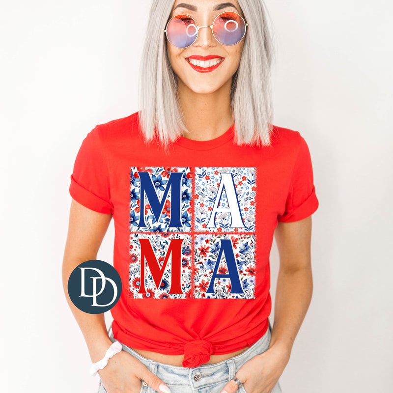 MAMA Red Blue Floral Blocks *DTF Transfer*