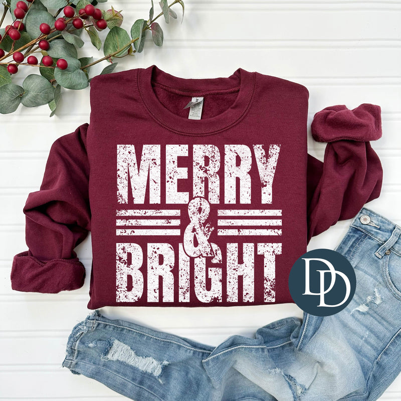 Merry And Bright Distressed Block (White Ink) *Screen Print Transfer*
