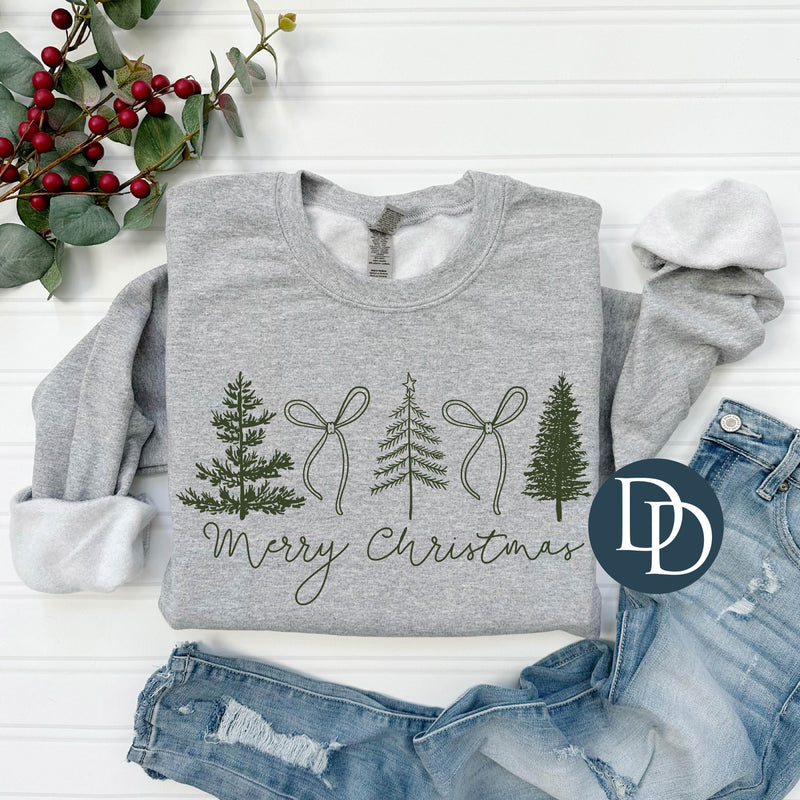 Merry Christmas Trees And Bows Script (Hunter Green Ink) *Screen Print Transfer*