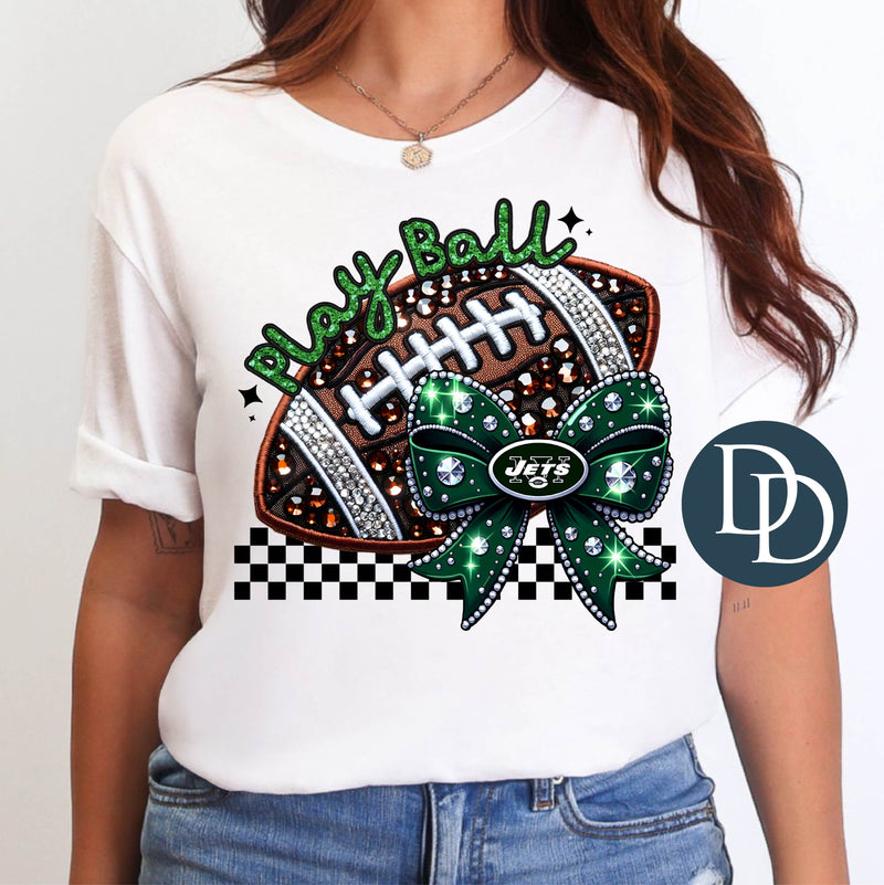 NYJ Faux Rhinestone Football Bow *DTF Transfer*