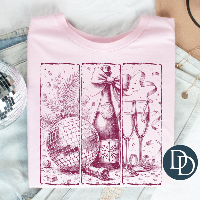 New Years Champagne Panels (Burgundy Ink) *Screen Print Transfer*