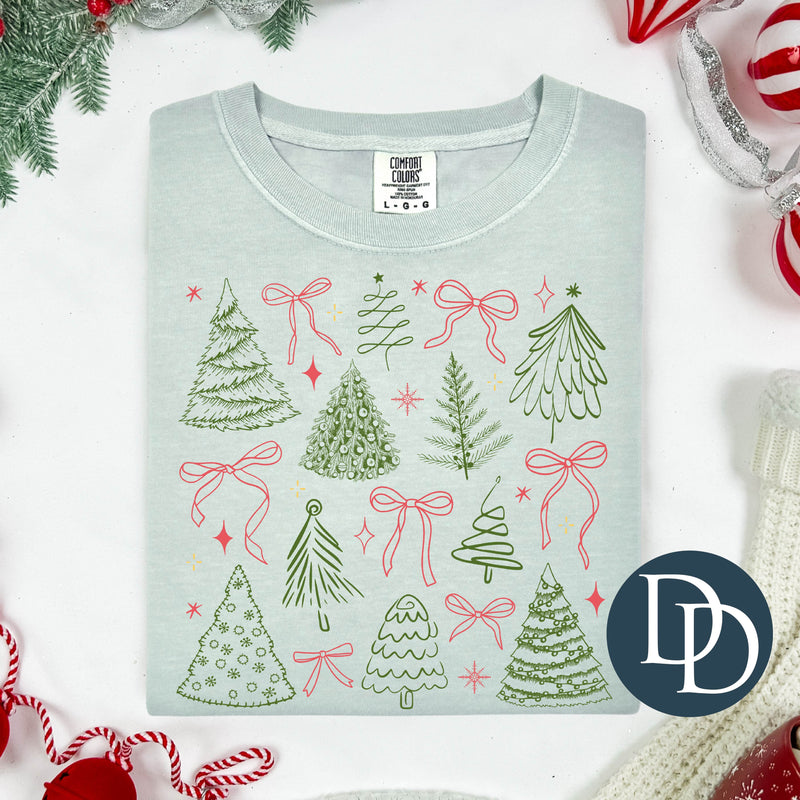 Pink And Green Christmas Trees And Bows *DTF Transfer*
