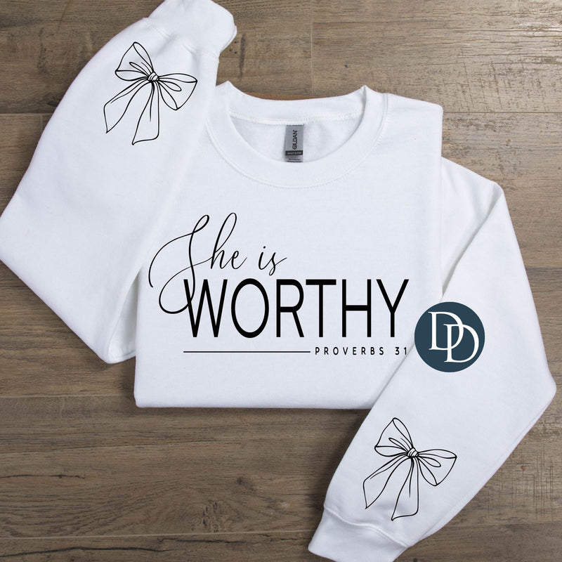 She Is Worthy With Sleeve Accents (Black Ink) *Screen Print Transfer*