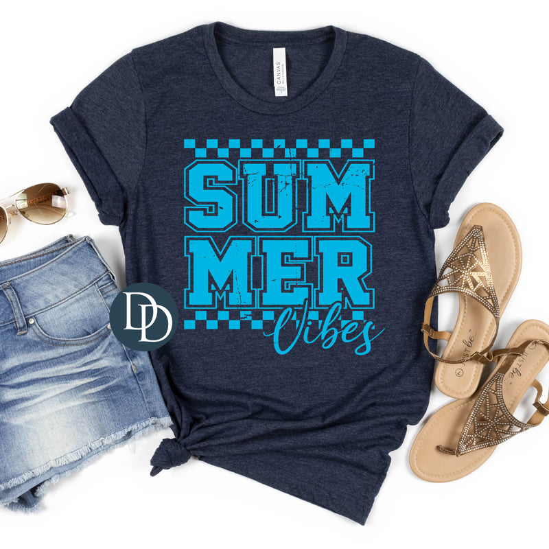 Summer Vibes Checkered Script (Bright Blue Ink) *Screen Print Transfer*