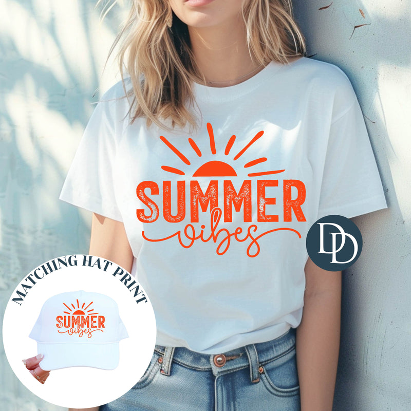 Summer Vibes Distressed Horizon Sun with Hat Print (Orange Ink) *Screen Print Transfer*